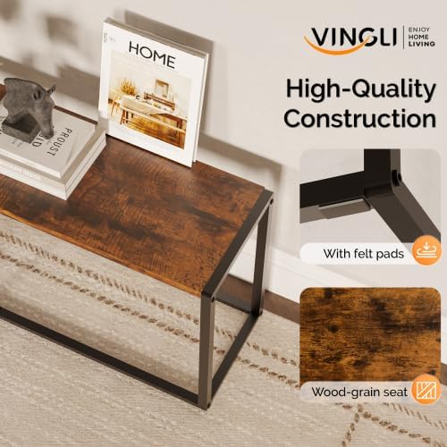 VINGLI Set of 2 Industrial Dining Benches, Rustic Brown Kitchen Table Benches w/Heavy Metal Frame, Non-Slip Foot Pads, Backless Dining Table Seating Benches for Entryway, Living Room & Small Spaces