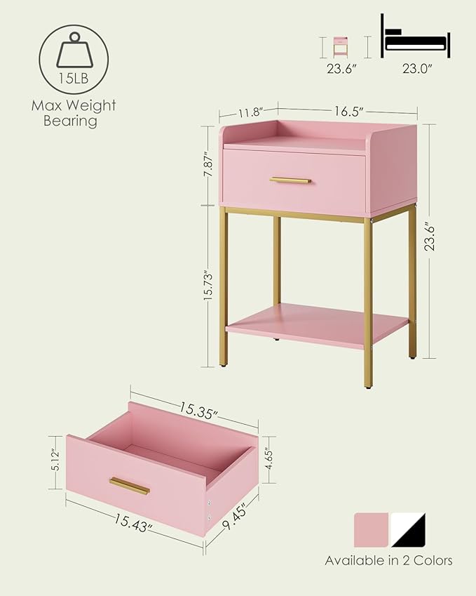 Nightstand, Modern Bedside Table with Drawer and Legs,Pink and Gold Night Stand with Open Shelf, Narrow Side Table for Bedroom, Living Room
