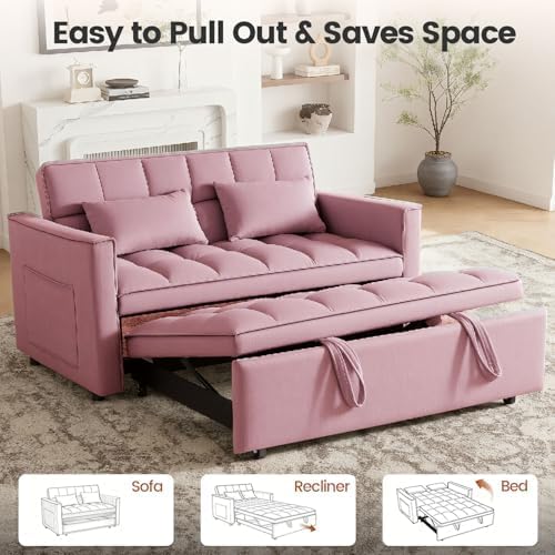 Convertible Sofa Bed, Pull Out Couch with Side Pockets, 3 in 1 Velvet Fabric Loveseat Sleeper Sofa Bed, Pull Out Couch with Adjustable Backrest for Living Room, Bedroom, Apartment, Pink