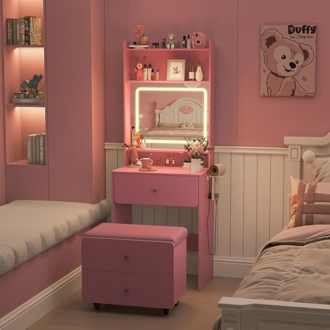 Vabches Small Vanity Desk Set with 3 Adjustable Lighted Mirror and Storage Chair, Vanity Set with Charger Station, Small Spaces Vanity Table for Bedroom，Pink