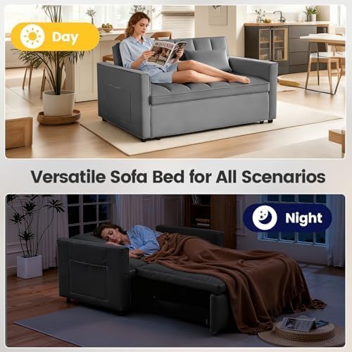 3 in 1 Convertible Sleeper Sofa Bed, Velvet Fabric Loveseat Sofa Bed with Adjustable Backrest & Large Side Pockets, Pull Out Couch for Small Spaces, Apartment, Living Room, Dark Gray