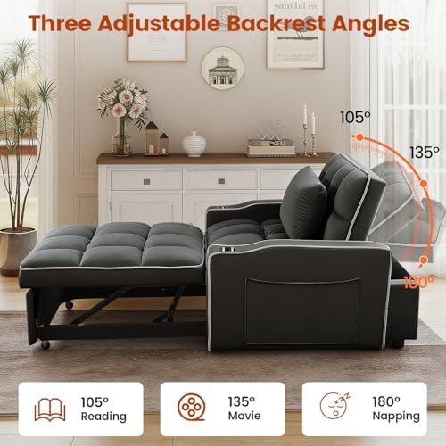 Sleeper Chair, Convertible Pull Out Chair Sleeper with Bracket and Cup Holder, Chairs Bed Sleepers with USB Ports for Adults, 3 in 1 Single Sofa Bed for Small Spaces, Living Room, Black