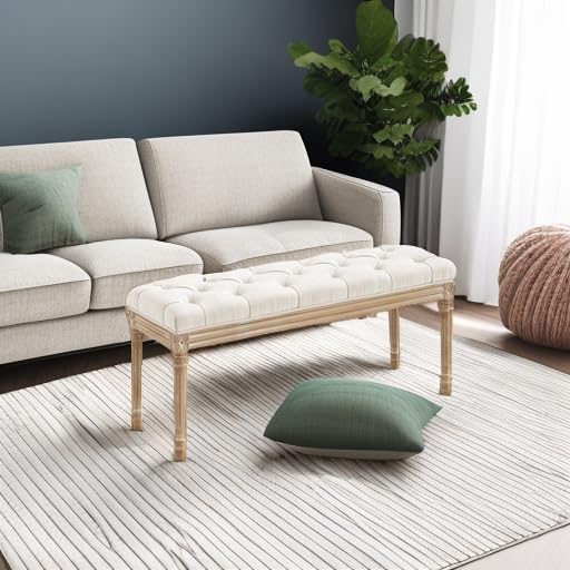 LUE BONA 44" Bedroom Bench, Fabric End of Bed Bench, Upholstered French Tufted Ottoman Bench with Carved Wood Legs for Bedroom End of Double Full Queen Size Bed, Living Room, Beige