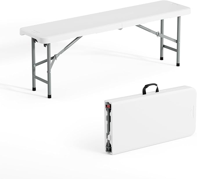 VINGLI 4 feet Plastic Folding Bench,Portable in/Outdoor Picnic Party Camping Dining Seat, Garden Soccer Multipurpose Entertaining Activities, Smooth HDPE Tabletop (1, White, 4ft)