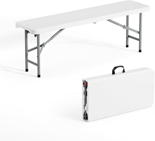VINGLI 4 feet Plastic Folding Bench,Portable in/Outdoor Picnic Party Camping Dining Seat, Garden Soccer Multipurpose Entertaining Activities, Smooth HDPE Tabletop (1, White, 4ft)