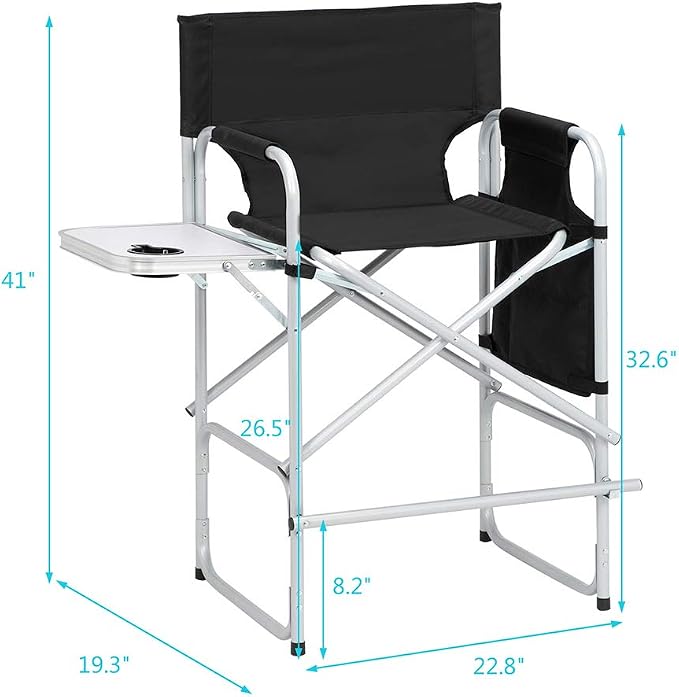 Tall Directors Chair Foldable, Portable Makeup Artist Chair Heavy Duty with Side Table Storage Bag Footrest, Folding Chair for Camping and Golf Course, Supports 400lbs