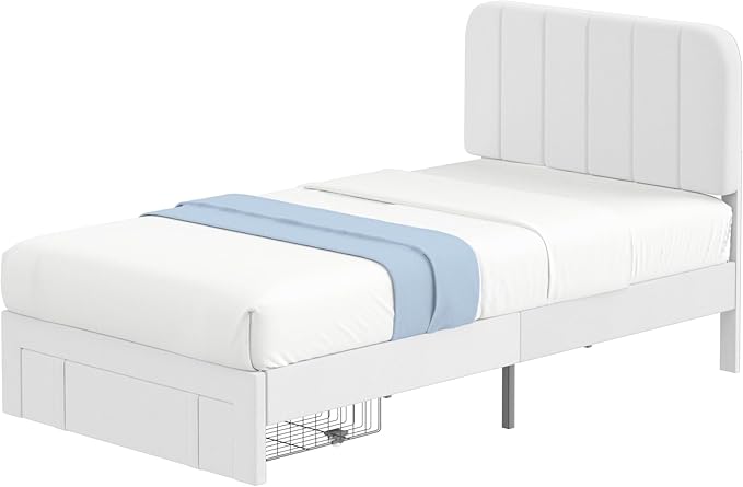 VECELO Twin Size Upholstered Bed Frame with Drawer and Headboard, Velvet Platform Storage Bedframe, Wooden Slats Support, No Box Spring Needed, White