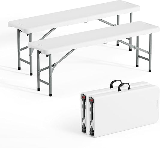 VINGLI 4 feet Plastic Folding Bench,Portable in/Outdoor Picnic Party Camping Dining Seat, Garden Soccer Multipurpose Entertaining Activities, Smooth HDPE Tabletop (2, White, 4ft)