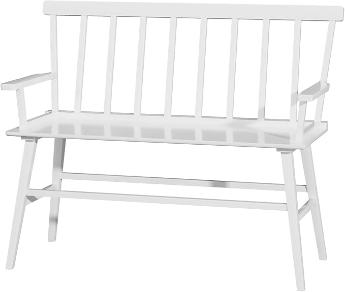 Dining Bench for Kitchen & Dining Room – Bamboo Wood Bench with Spindle Back & Armrests, Farmhouse Entryway Bench, Indoor Bedroom Bench, Versatile Entry Bench & Outdoor Bench Seating（White with Arm）