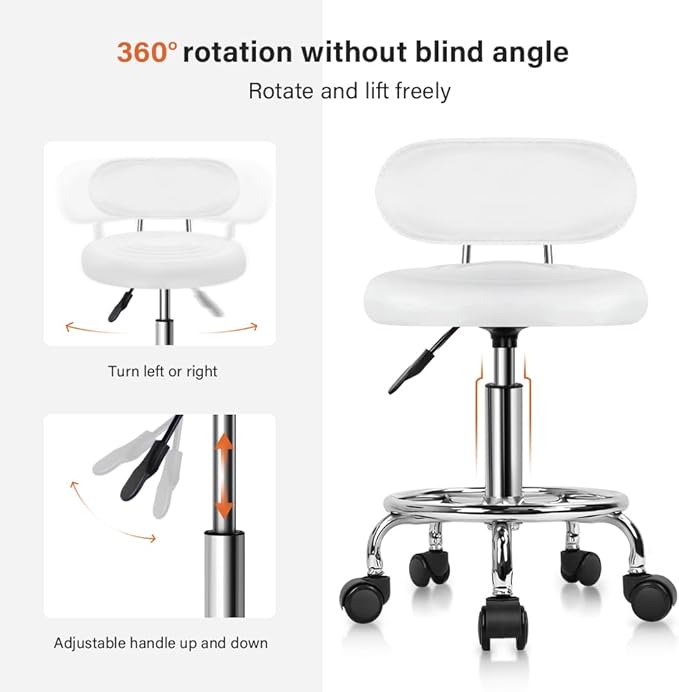 KKTONER PU Leather Modern Rolling Stool with Low Back Height Adjustable Work Salon Drafting Swivel Task Chair with Footrest (White)