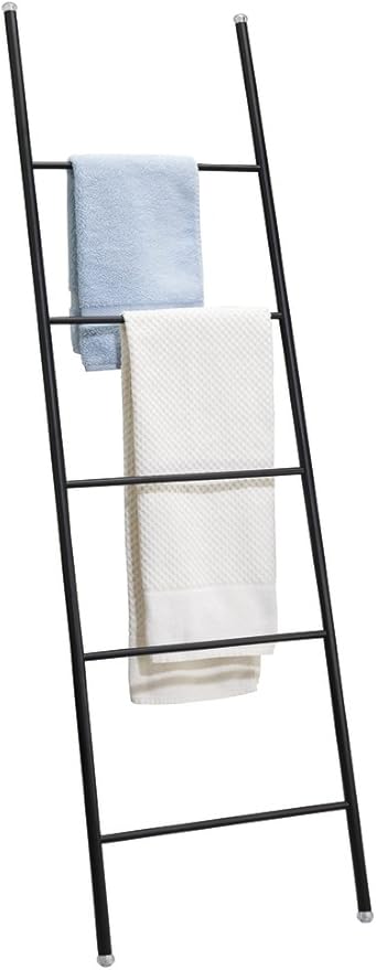 mDesign Metal Leaning Blanket and Towel Ladder - Display Rack for Bedroom and Bathroom - Throw/Quilt Holder - Nursery Wall Rack - Omni Collection - Matte Black