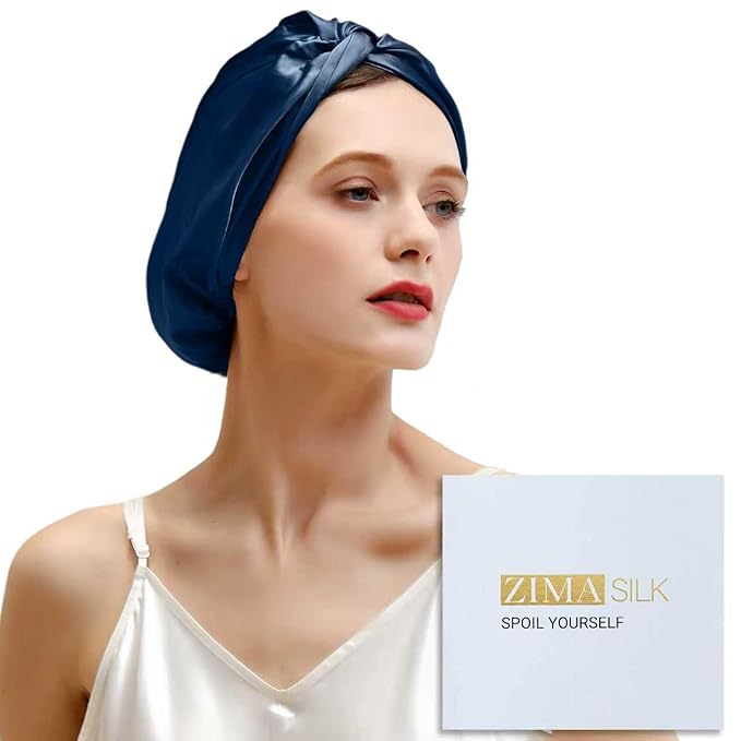 ZIMASILK 100% 22匁 マルベリーシルク ボンネット 就寝用 レディース、通気性シルクヘアラップ プレミアムヘア保護用 - 摩擦軽減 (1個、ネイビー)
