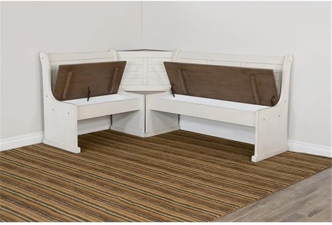 Pemberly Row Dining Set Wood, Rectangular in Off White (36" H x 75" W x 56" D) for Kitchen, Dining Room with Table, Reversable Benches, and Storage Space