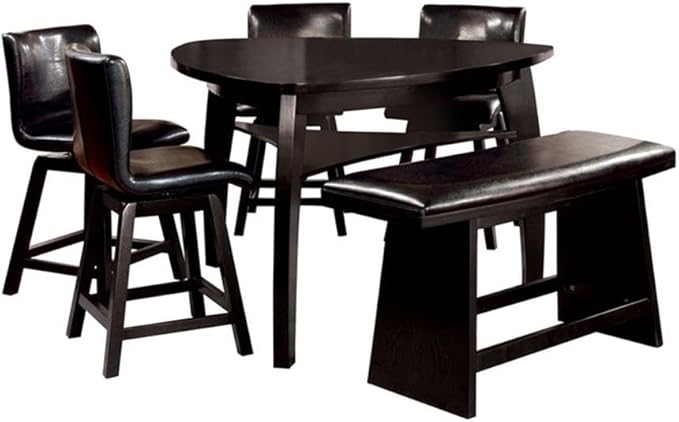 BOWERY HILL 6 Piece Counter Height Dining Set, Solid Wood and Faux Leather, Black Finish, Includes Triangular Table, Swivel Chairs, Dining Bench, Open Shelf, Contemporary Style for Modern Dining Room