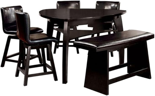 BOWERY HILL 6 Piece Counter Height Dining Set, Solid Wood and Faux Leather, Black Finish, Includes Triangular Table, Swivel Chairs, Dining Bench, Open Shelf, Contemporary Style for Modern Dining Room