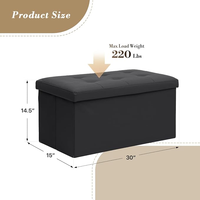 Athena Collection Leather Ottoman with Storage, 30 Inches Large Storage Ottoman Bench with 90L Storage, End of Bed Bench Foot Rest for Living Room, Bedroom, Entry, Black