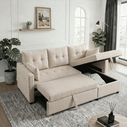 Convertible Sofa Bed, L Shape Sleeper Sofa with Reversible Storage Chaise, Tufted Fabric Sectional Sleeper Sofa with Pull Out Bed for Small Space, Living Room, Apartment, Almond
