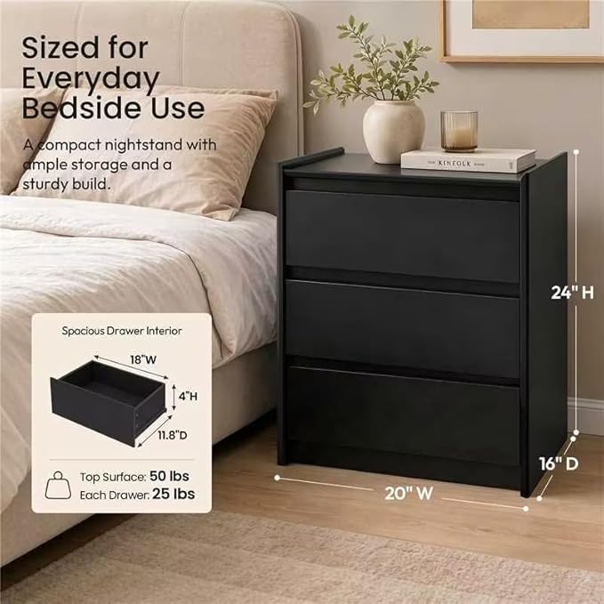 24" Tall Nightstand with Charging Station Including USB-C, Modern Bedside Table and Sofa End Table - Black, 3 Drawers, Set of 2