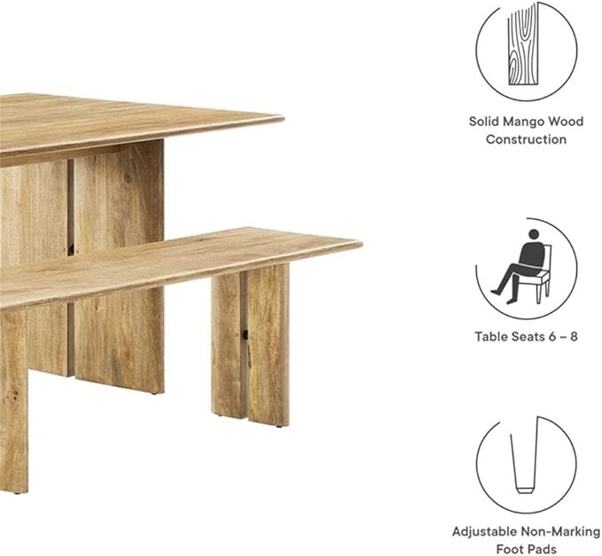 Modway Amistad 72" Solid Wood Modern Farmhouse Rectangular Dining Table and Bench Set in Oak