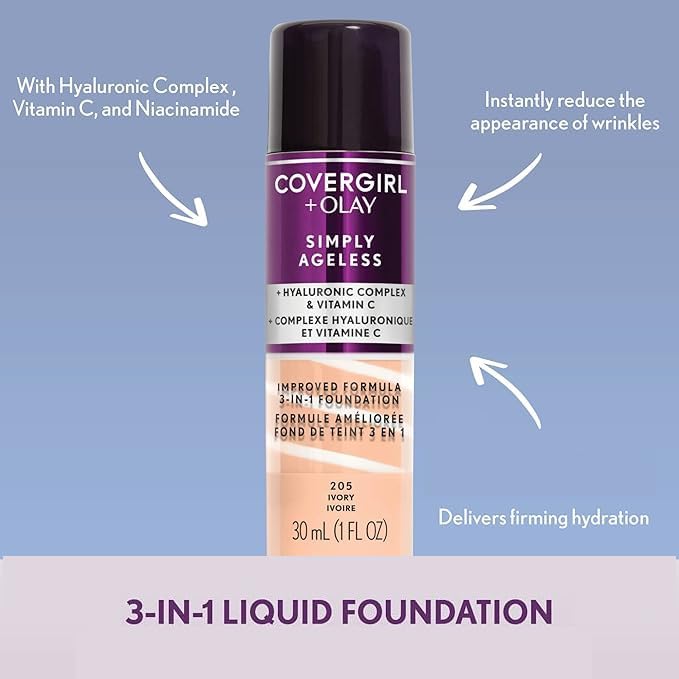 COVERGIRL & Olay Simply Ageless 3-in-1 Liquid Foundation, Matte Finish, Hyaluronic & Vitamin C Formula, 245 Warm Beige, 1 Count