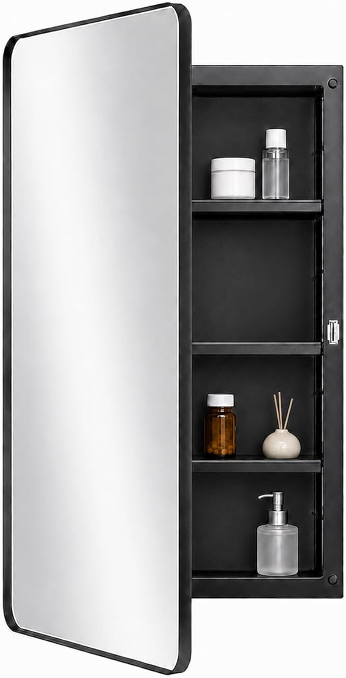 Fundin Black Plastic Medicine Cabinet, Mirror Door with Round Corner Metal Frame, Recessed and Surface Mount Bathroom Wall Medicine Cabinet, 16 x 28 inch Mirror Size