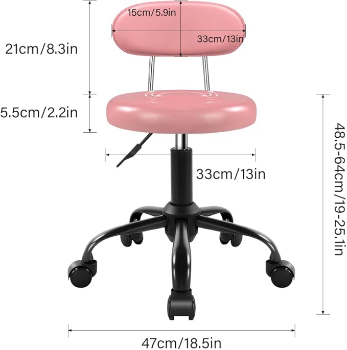 WKWKER Rolling Stool with Wheels Swivel Stool with Back Height Adjustable Chair Ideal for SPA Salon Home Office Drafting Work (Pink)