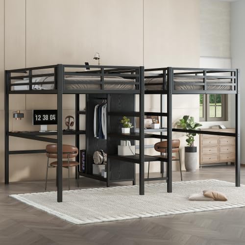 Harper & Bright Designs Twin Metal Loft Bed with Desk and Wardrobe for 2, Double Loft Bed Frame with Storage Shelf and Electrical Outlet, Black
