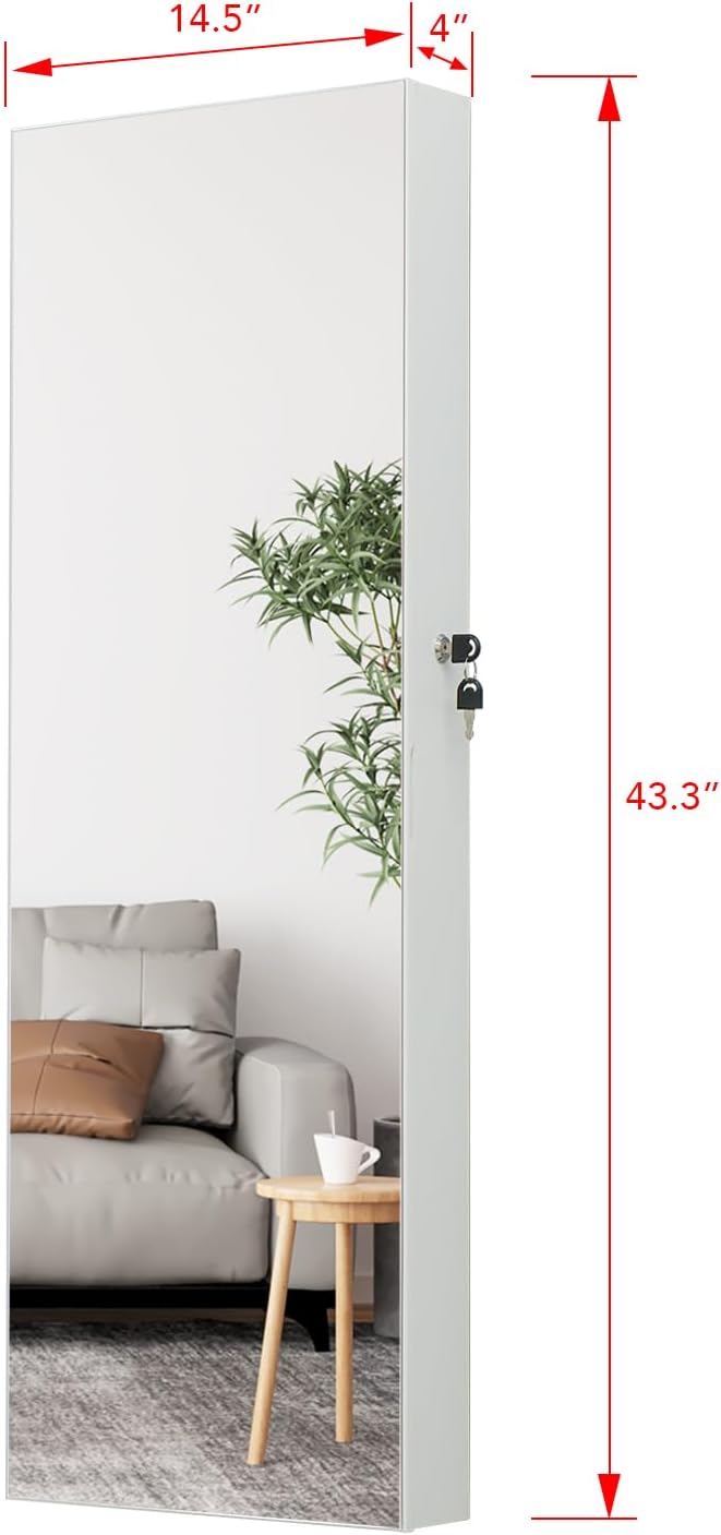 Full Length Mirror Jewelry Cabinet - 2-in-1 Organizer for Makeup and Jewelry,Lockable Door Wall-Mounted Jewelry Armoire with Shelves and Behind the Door Storage White