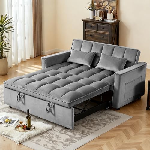 3 in 1 Convertible Sleeper Sofa Bed, Velvet Fabric Loveseat Sofa Bed with Adjustable Backrest & Large Side Pockets, Pull Out Couch for Small Spaces, Apartment, Living Room, Dark Gray