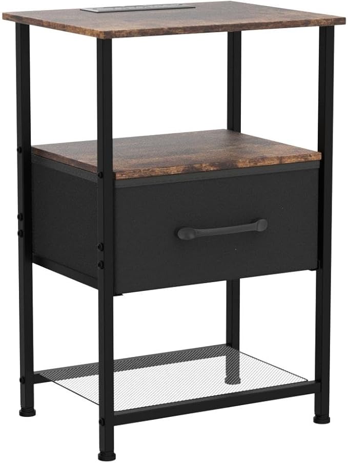 LAKEMID Nightstands Set of 2,Night Stand with Charging Station and Drawer,Bedside Table with 20 Colors LED Light Strip,End Table for Bedroom Living Room (Rustic Brown)