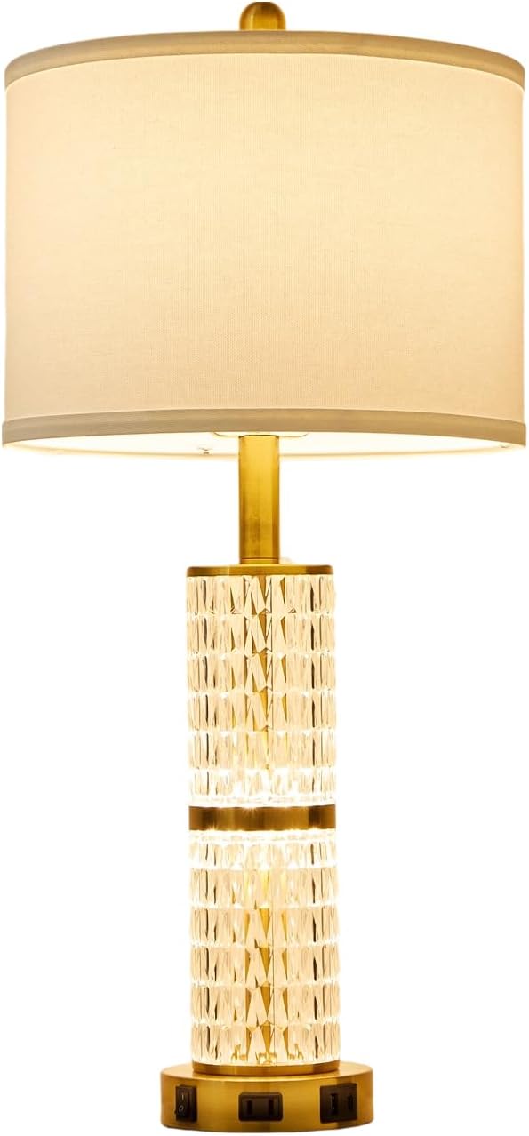 SAIWEYA Crystal Table Lamps Modern 3-Way Dimmable Bedside Lamp with 2 USB Ports & AC Outlets for Living Room Bedroom Nightstand Lamp Night Light