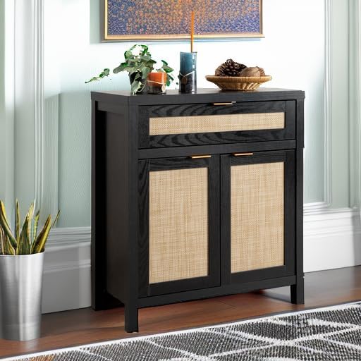 SICOTAS Sideboard Buffet Storage Cabinet, Rattan Accent Cabinet with Doors and Drawer, Modern Credenzas Buffet Table Console Coffee Bar Cabinets for Entryway Living Room, Black