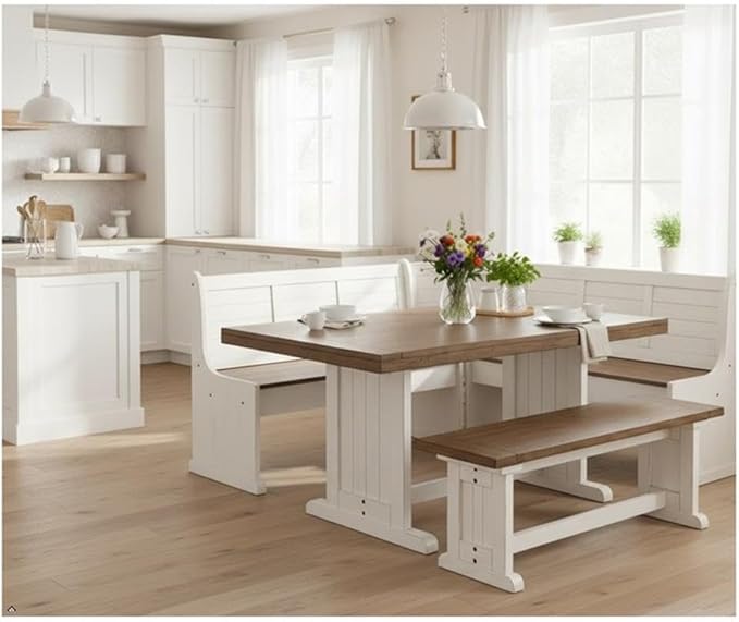 Pemberly Row Dining Set Wood, Rectangular in Off White (36" H x 75" W x 56" D) for Kitchen, Dining Room with Table, Reversable Benches, and Storage Space