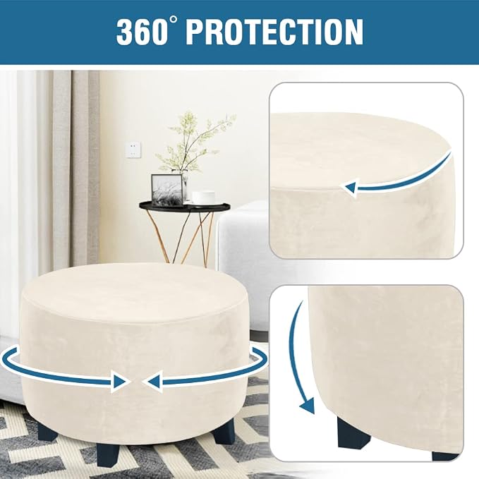 H.VERSAILTEX Round Ottoman Covers Slipcover Footstool Protector, Storage Stool Covers Stretch with Elastic Bottom, Feature Real Velvet Plush Fabric (Medium, Ivory)