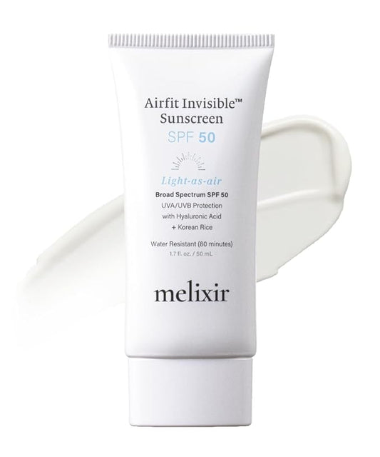 Melixir Airfit Invisible™ Sunscreen SPF 50, Broad Spectrum Korean Rice Sunscreen for Face, Hyaluronic Acid, Moisturizing Daily Protection for Sensitive Skin, No White Cast, Waterproof (1.7fl.oz./50ml)