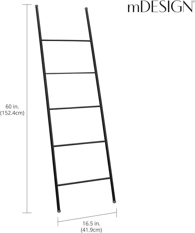 mDesign Metal Leaning Blanket and Towel Ladder - Display Rack for Bedroom and Bathroom - Throw/Quilt Holder - Nursery Wall Rack - Omni Collection - Matte Black