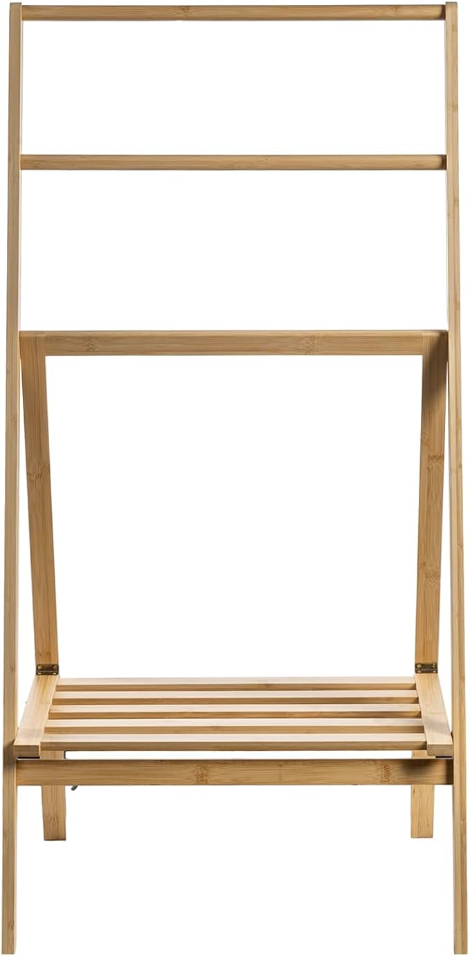 MyGift 3 Tier Free Standing Towel Rack for Bathroom, Pool Outdoor, Foldable Blanket Ladder with Storage Shelf, 43" H Bath Towel Holder Organizer Drying Rack, Light Brown Solid Bamboo Quilt Rack