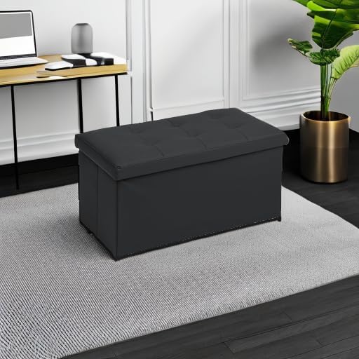 Magshion Folding Storage Ottoman Bench, 15 x 30 x 14.5 Inches PU Leather Ottoman Foot Rest, End of Bed Bench, 90L Storage Chest for Bedroom, Living Room, Entryway, Hallway, Black
