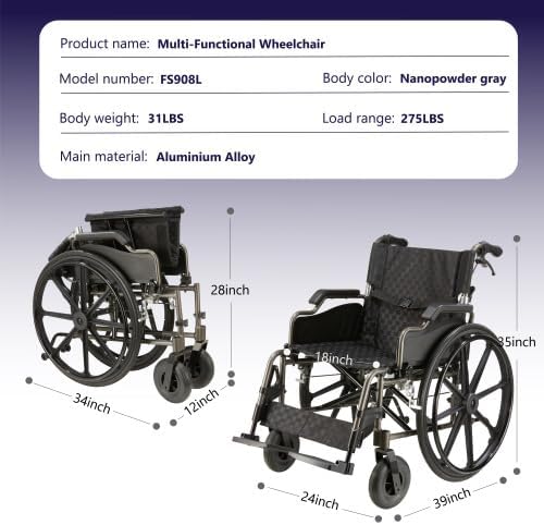 18" Wide Seat Lightweight Aluminum Alloy Transport Wheelchair for Adults with Front/Rear Locking Brakes, 24" Quick-Release Wheels, Foldable Design, 300 lbs Capacity(Dark Gray)