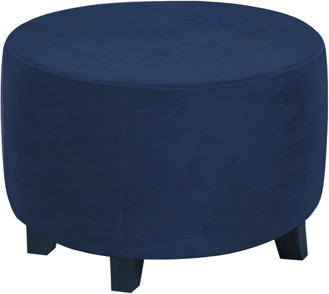 H.VERSAILTEX Round Ottoman Slipcover Ottoman Covers Slipcover Footstool Protector Covers Storage Stool Ottoman Covers Stretch with Elastic Bottom, Feature Real Velvet Plush Fabric (Medium, Navy)