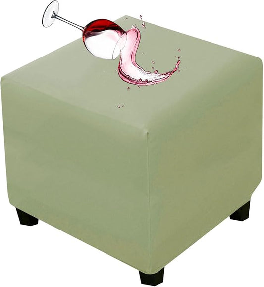 Waterproof Ottoman Cover Square Stretch PU Soft Folding Storage Ottoman Cover with Elastic Bottom Cube Footrest Foot Stool Slipcovers Machine Washable(Large/Light Green)