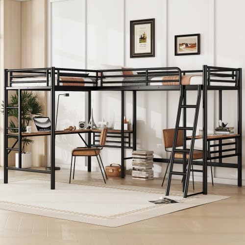 Harper & Bright Designs Twin Size Loft Bed with L-Shaped Desk, Metal Loft Bed Frame with Ladder for Kids Teens Boys Girls, No Box Spring Needed, Space Saving, Black