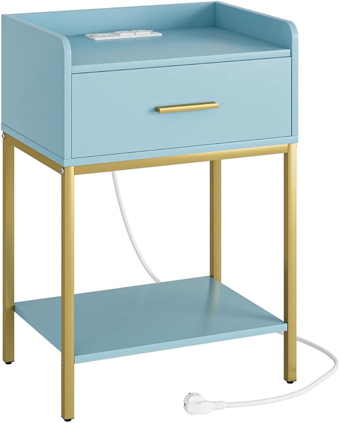 Nightstand with Charging Station,3-Tier Modern Bedside Table Night Stand with Storage Drawer and Open Shelf,Small End Side Table for Bedroom,Living Room,Blue
