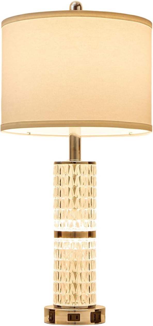 SAIWEYA Crystal Table Lamps Modern 3-Way Dimmable Bedside Lamp with 2 USB Ports & AC Outlets for Living Room Bedroom Nightstand Lamp Night Light