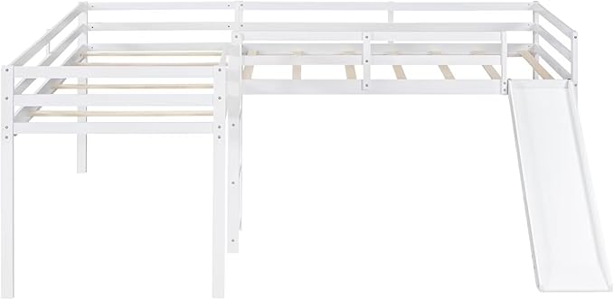 Merax Twin Size Double Loft Bed with Slide and Ladder, Wooden L-Shaped Bed Frame with Full-Length Guardrail, Wood Bedframe for Kids Teens Adults Bedroom, 2 Twin Beds,White