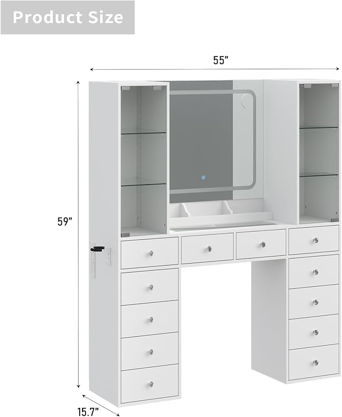 Yanosaku Vanity with 12 Drawers & 2 RBG Lights Cabinets, Makeup Vanity with Mirror and Lights, Vanity Desk with Power Outlet, Tempered Glass Top, Ample Storage, Makeup Vanity Desk for Bedroom, White