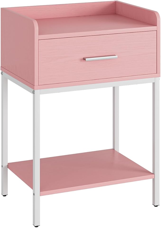 Nightstand,Modern Bedside Table Night Stand with Storage Drawer and Open Shelf,Small End Side Table for Bedroom,Living Room,Pink