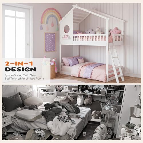 DUMOS Wood Twin Over Twin House Bunk Bed, Loft Bed with Ladder, Safety Guardrail, Wooden Slats & Window, Kids Twin Bed Frame for Teens Juniors, Freely Decorative House Roof