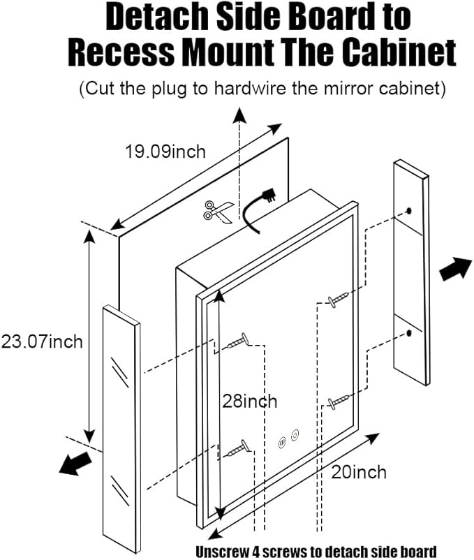 LED Medicine Cabinet with Light,20×28inch,Recess Mirror Cabinet for Bathroom,3 Color,Dimmable,Demister,Detachable Side Plate,Recess Mount or Surface Mount