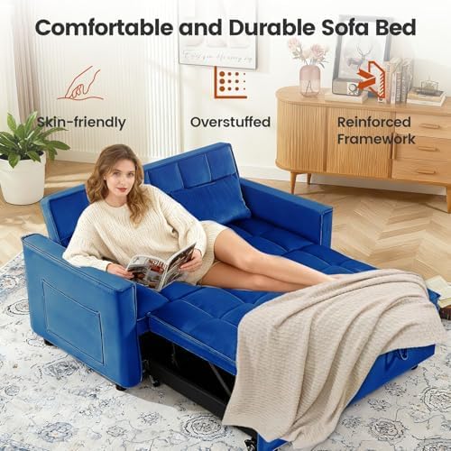 3 in 1 Convertible Sleeper Sofa Bed, Velvet Fabric Loveseat Sofa Bed with Adjustable Backrest & Large Side Pockets, Pull Out Couch for Small Spaces, Apartment, Living Room, Blue
